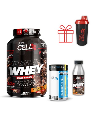 Pack whey core 2kg + bcaa complex cell+ shaker+ monodosis
