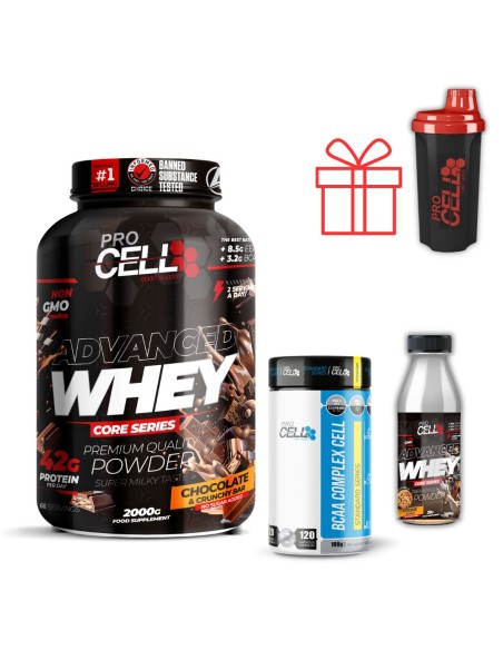 Pack whey core 2kg + bcaa complex cell+ shaker+ monodosis